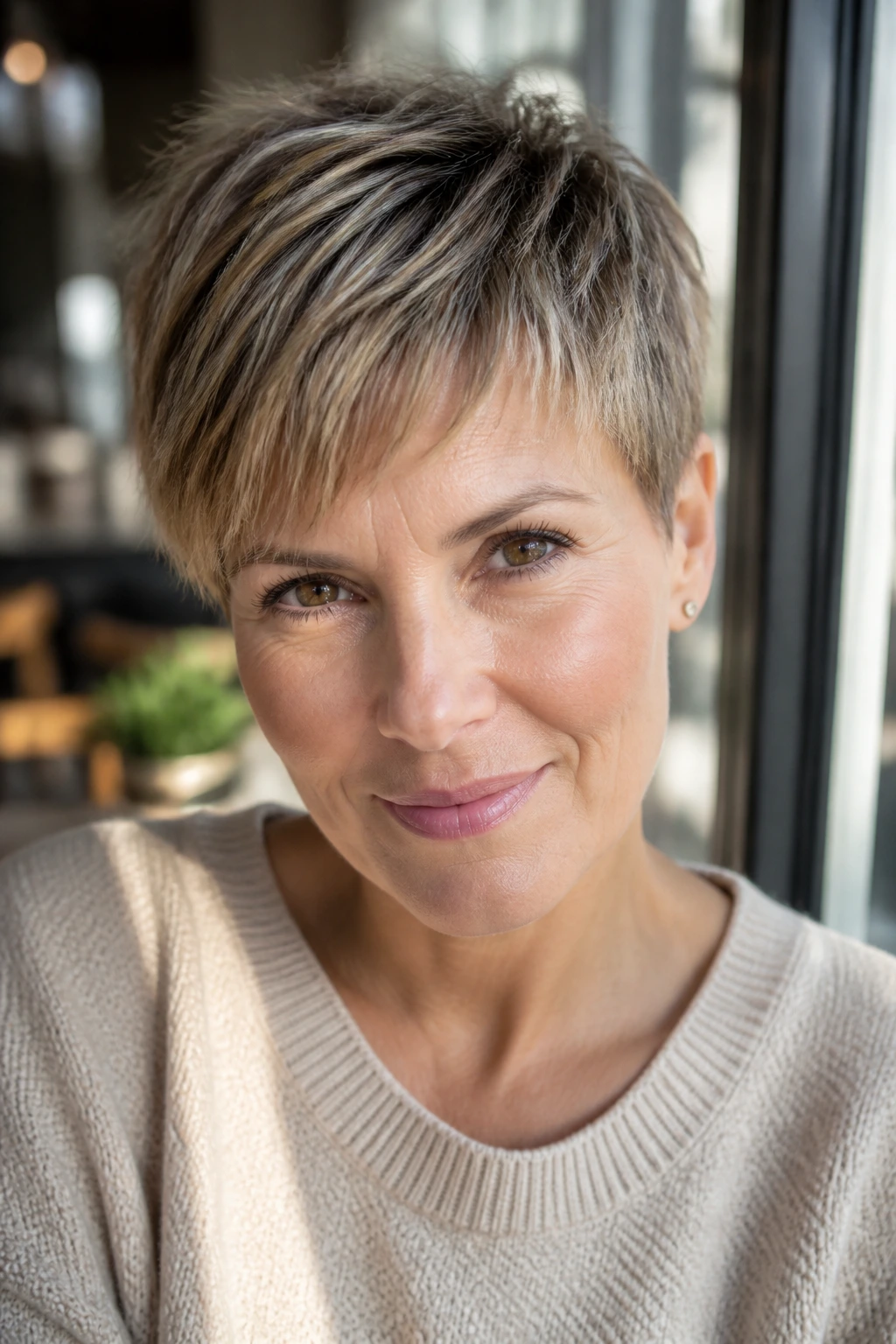 Close-up of a real woman's face with brushed-forward pixie hair