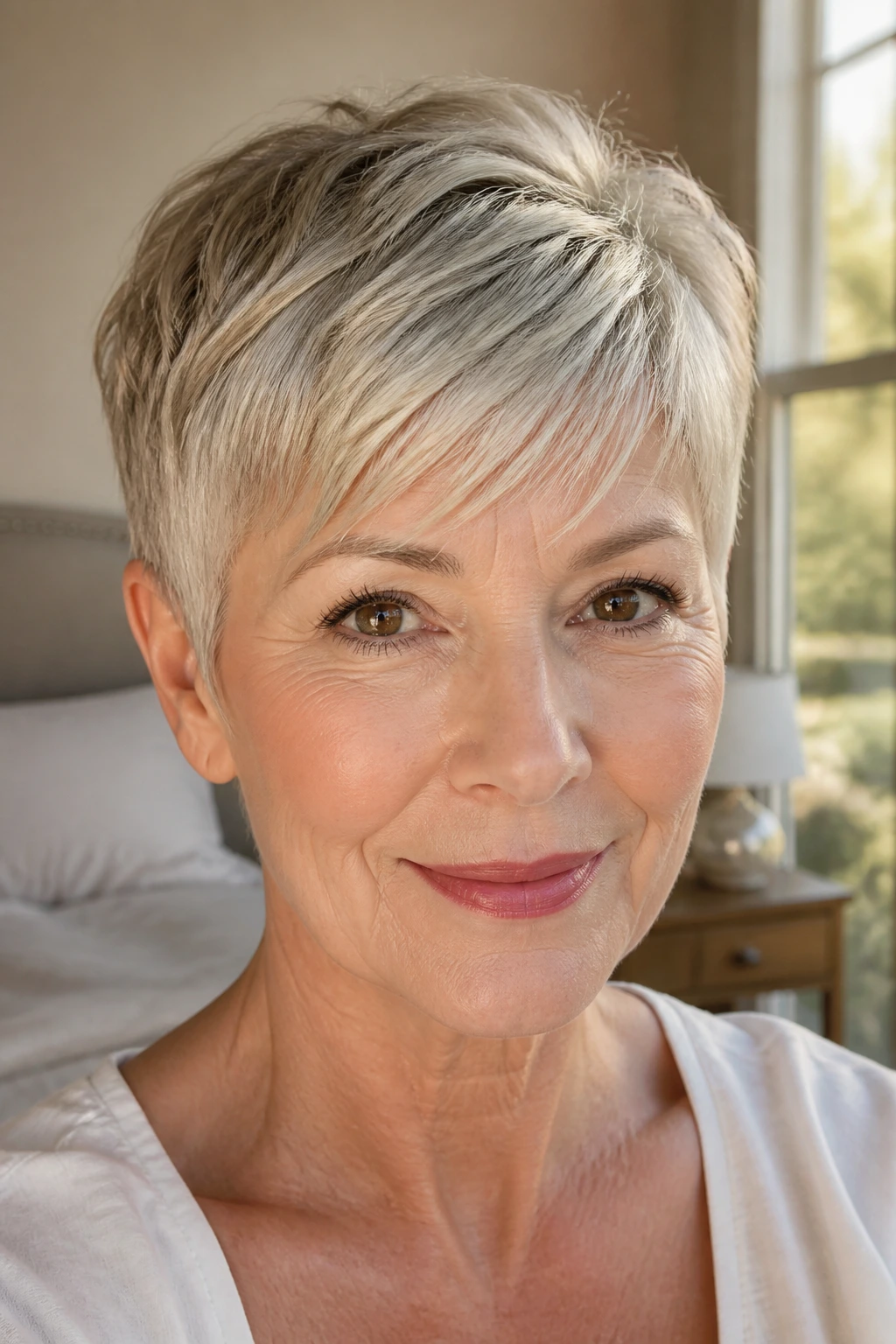 Close-up portrait of a real woman with a brushed-forward pixie in bright morning light