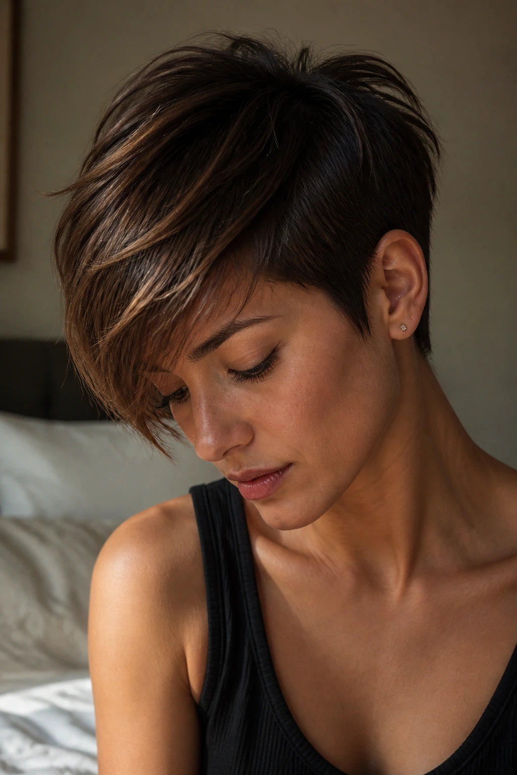 Close-up portrait of a real woman with brushed-forward pixie hairstyle.