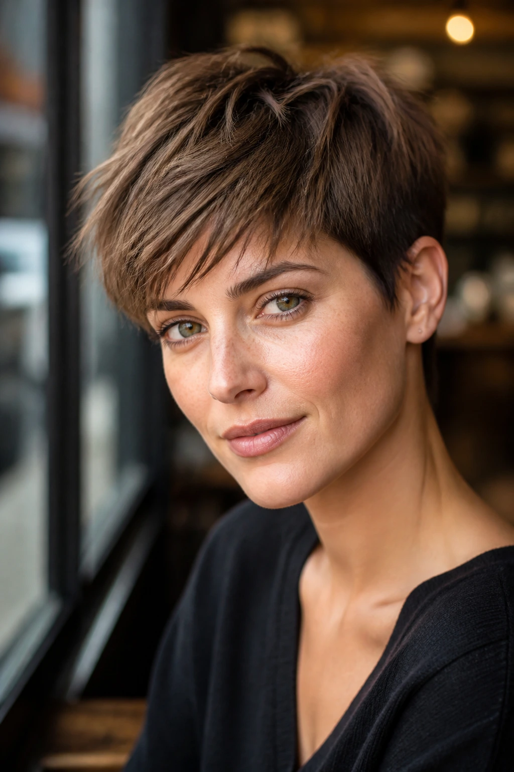 Close-up portrait of a real woman with a brushed-forward pixie hairstyle.