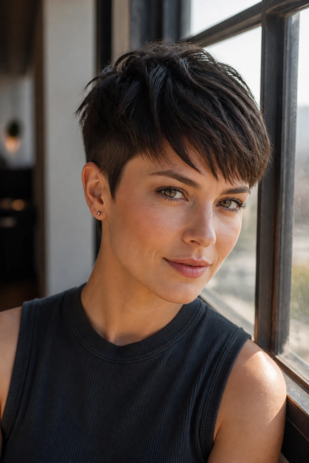 Close-up portrait of a real person with brushed-forward pixie and short bangs