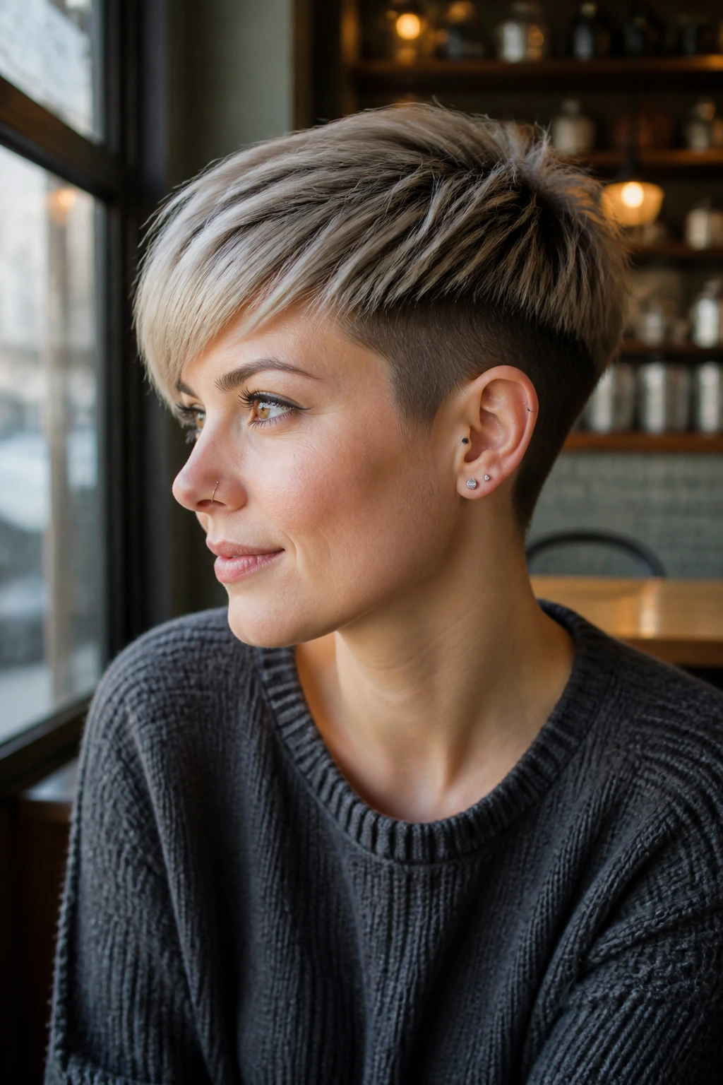 Close-up portrait of a real person with brushed-forward undercut pixie