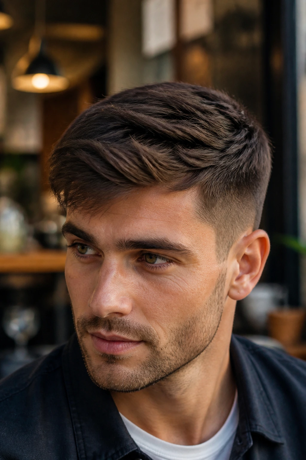 Portrait of man with brushed-forward quiff showing forward-brushed front