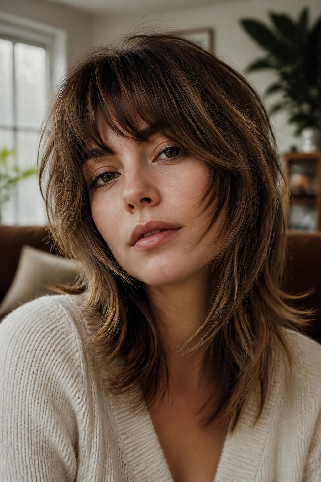 Close-up portrait of a real woman with brushed-forward shag for a softer framing.