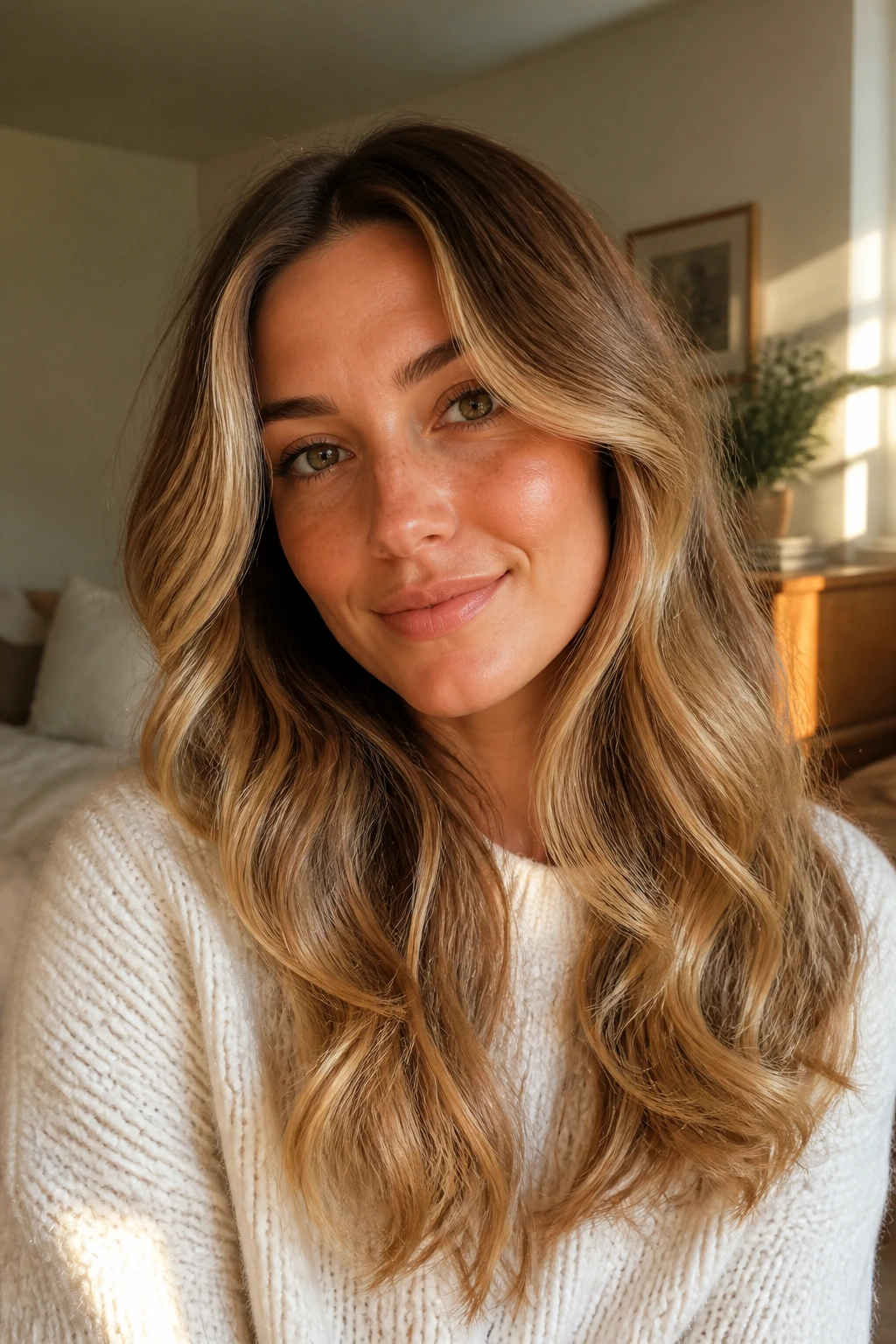 Close-up of real woman with brushed-out barrel waves in a cozy room