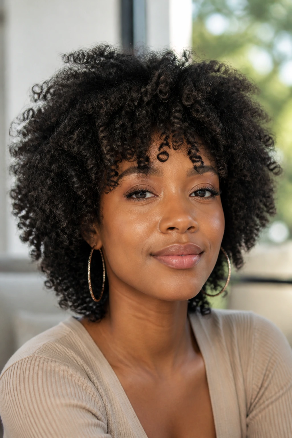 Close-up of real person with brushed-out coil shag and airy volume