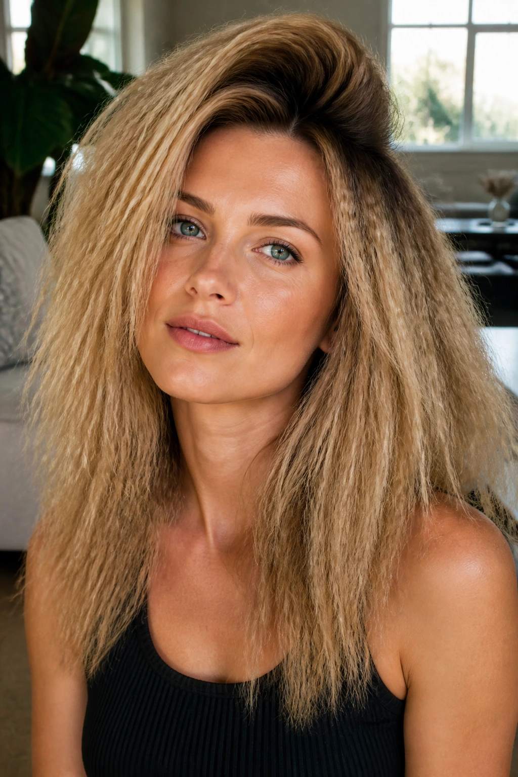 Portrait of a woman with brushed-out 80s crimp and voluminous soft ridges