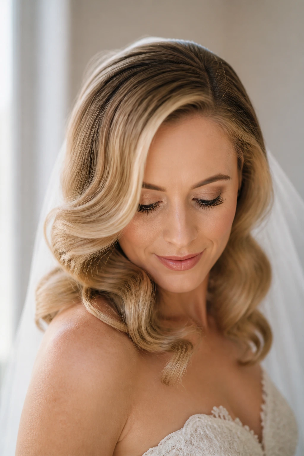 Close-up of bride with brushed-out curl set on fine hair