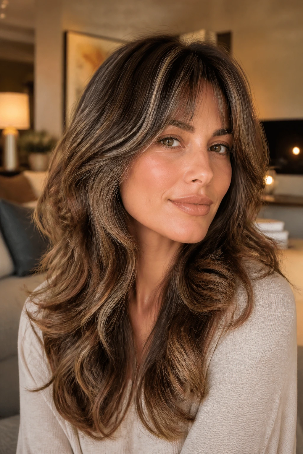 Portrait of a real woman with brushed-out glam shag.
