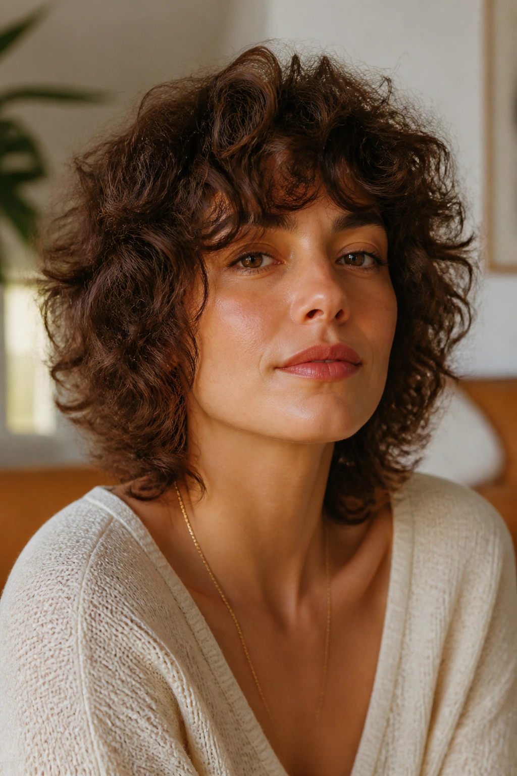 Close-up portrait of a real person with brushed-out glam curls in warm indoor light