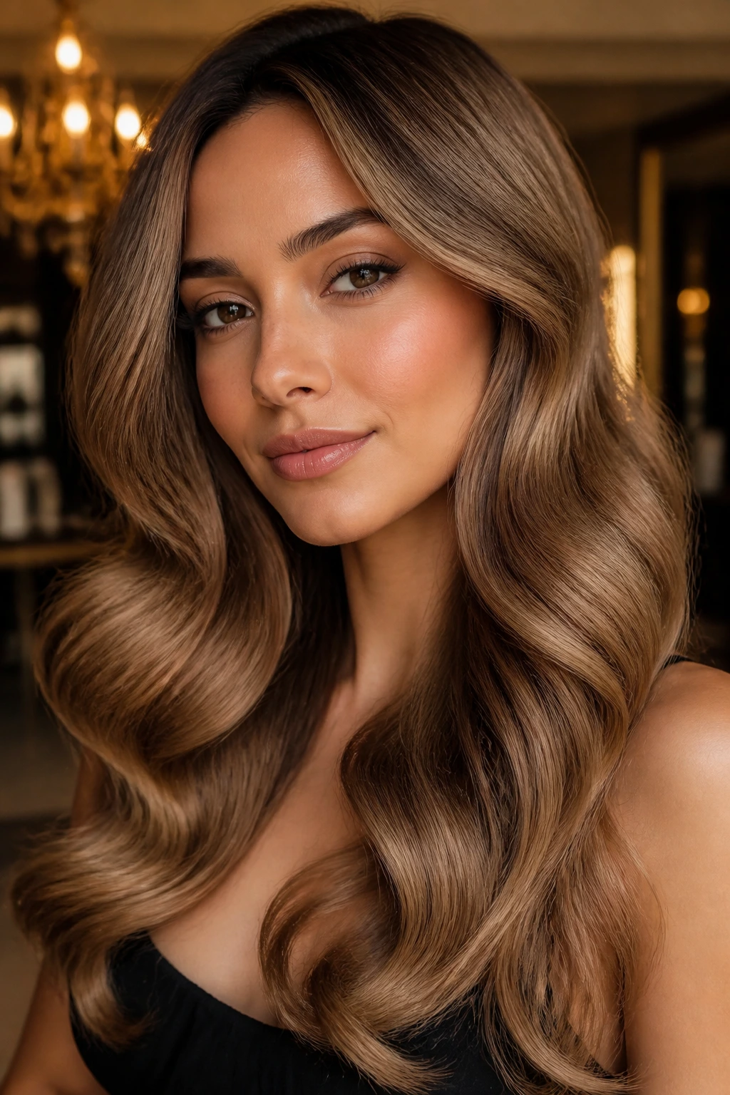 Close-up of a woman with soft, brushed-out glam waves in an elegant setting