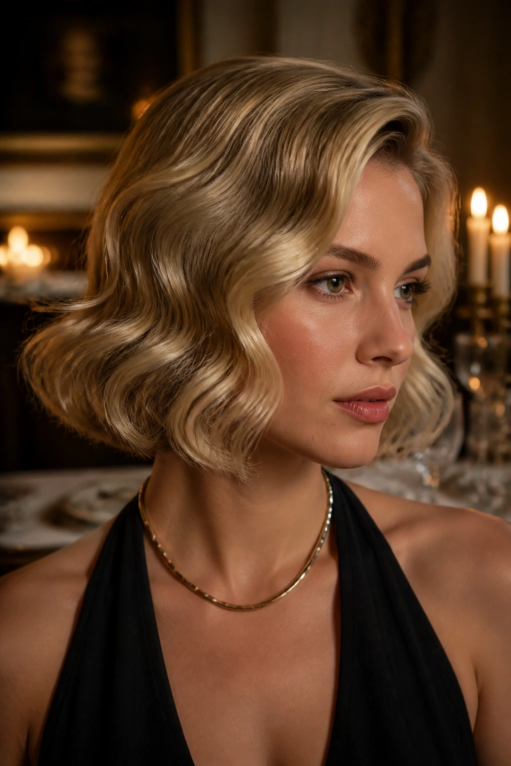 Close-up of a real woman with brushed-out glam waves in an elegant dining room