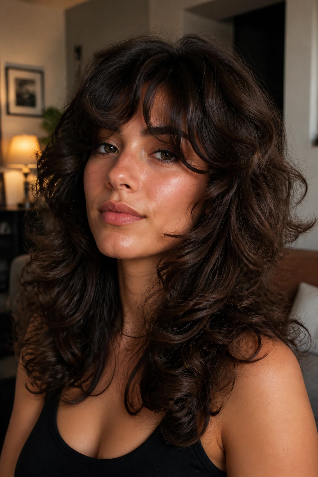 Close-up portrait of a real woman with brushed-out glam wolf hairstyle