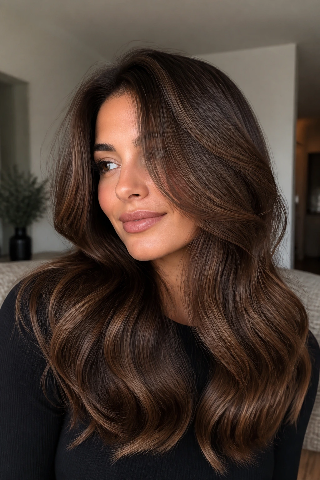 Close-up portrait of Brushed-Out Polished Brunette with glossy waves