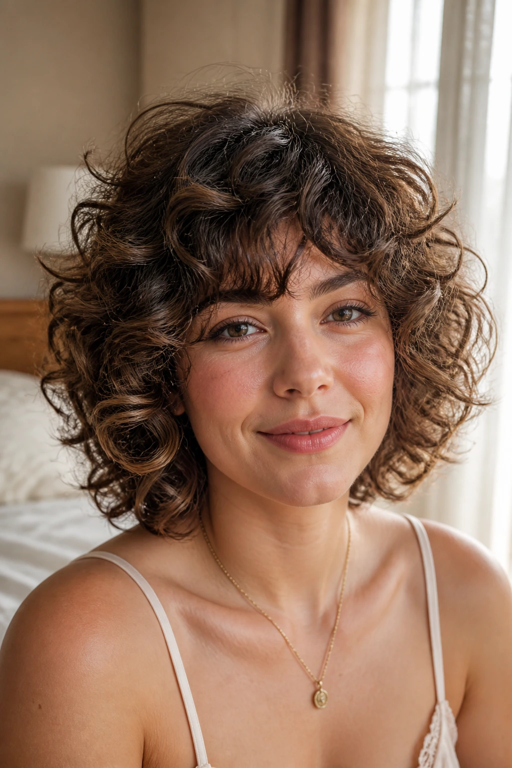 Close-up portrait of a real woman with brushed-out romantic shag and cloudlike curls.