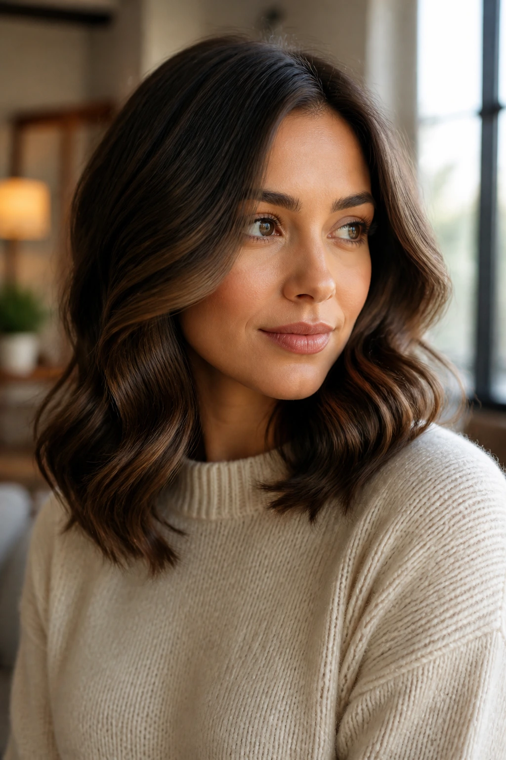 Close-up of a real woman with brushed-out S-waves and a polished finish