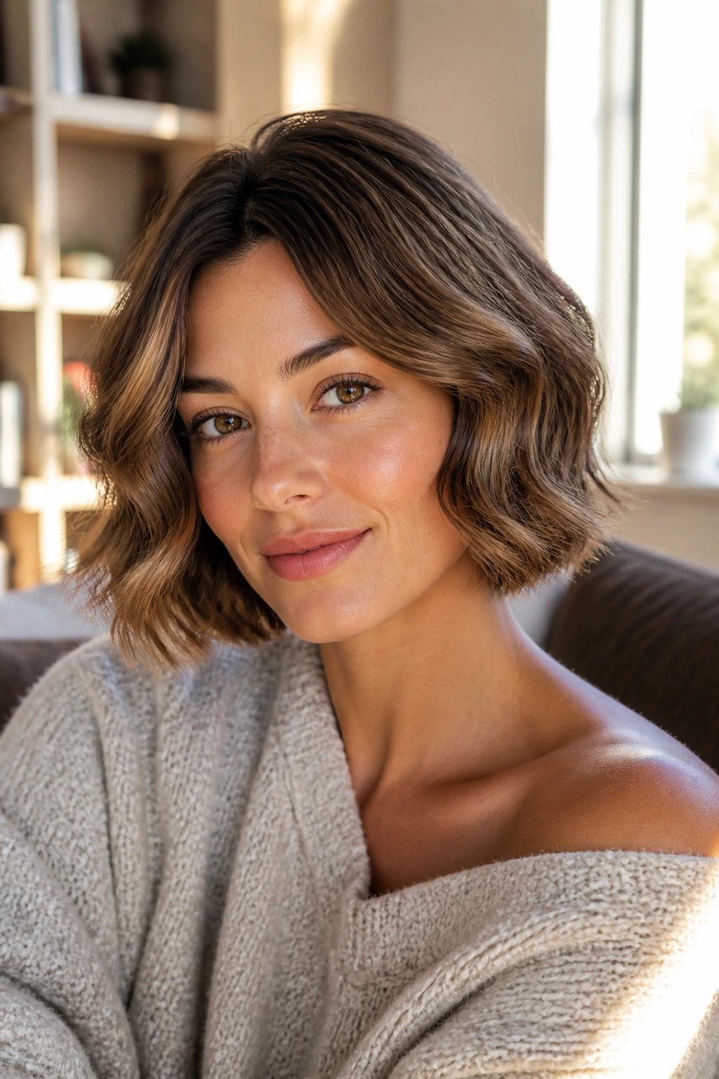 Close-up of a real woman with brushed-out soft waves on short hair