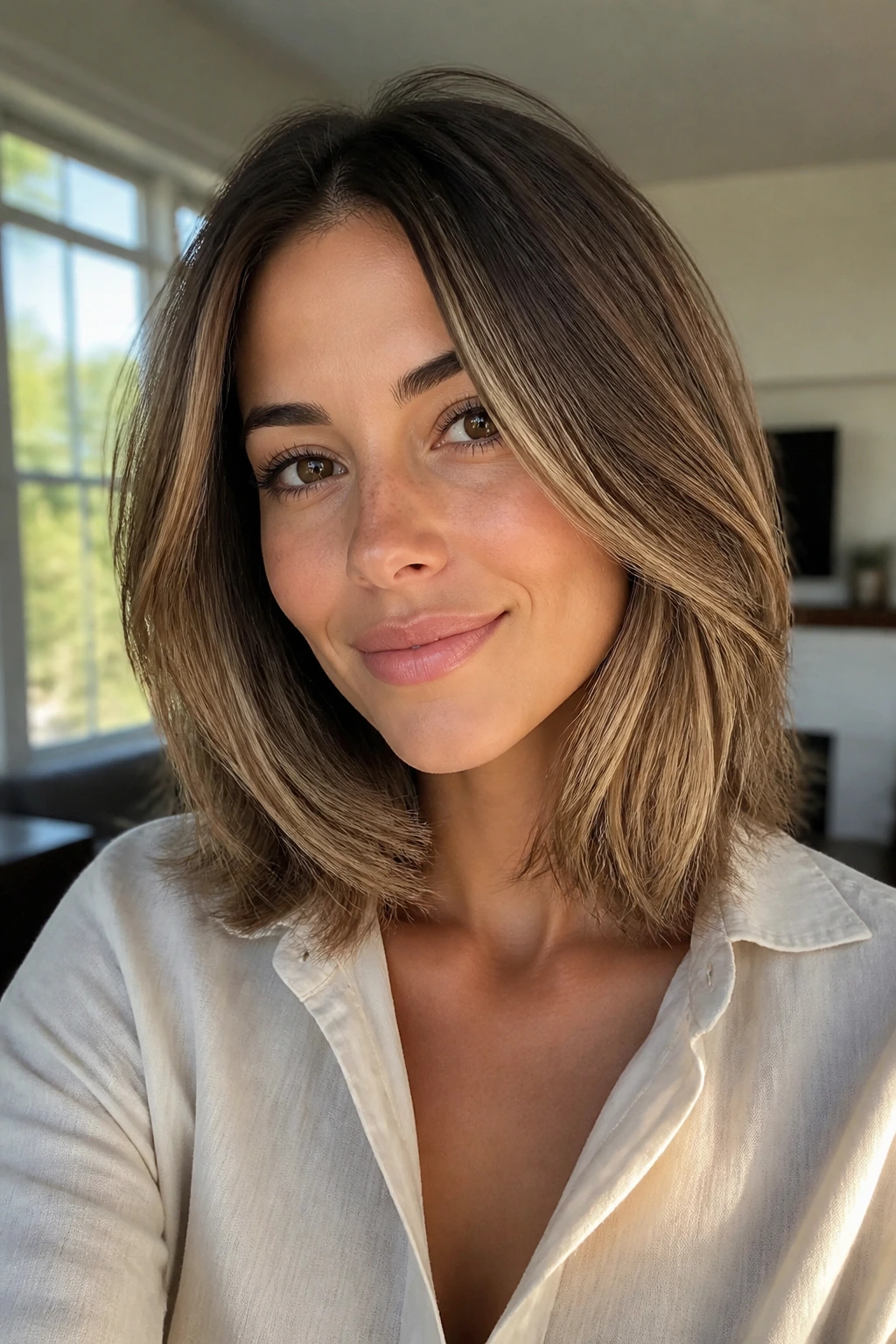 Close-up of a real woman with brushed-out volume lob in a bright living room.