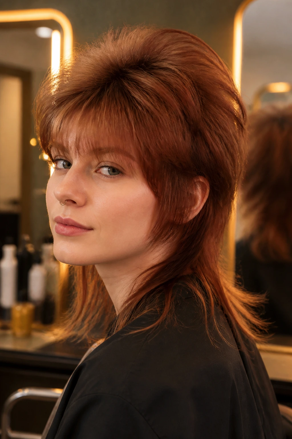 Real person with Brushed-Out Volume Auburn Mullet in a warm salon