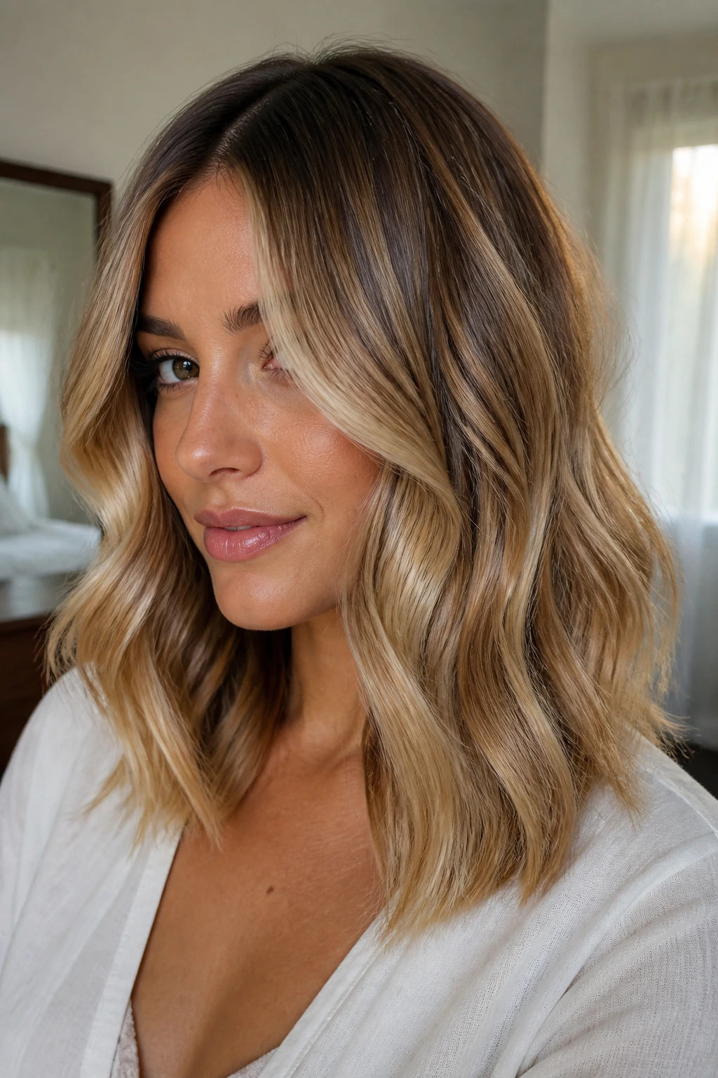 Close-up of shoulder-length brushed-out beach waves on a real woman under soft window light