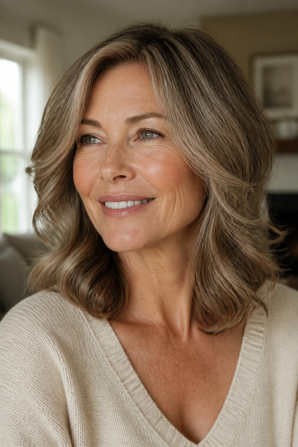 Close-up portrait of a real woman with Brushed-Out Waves With a Smooth Finish showing glossy, brushed-out waves