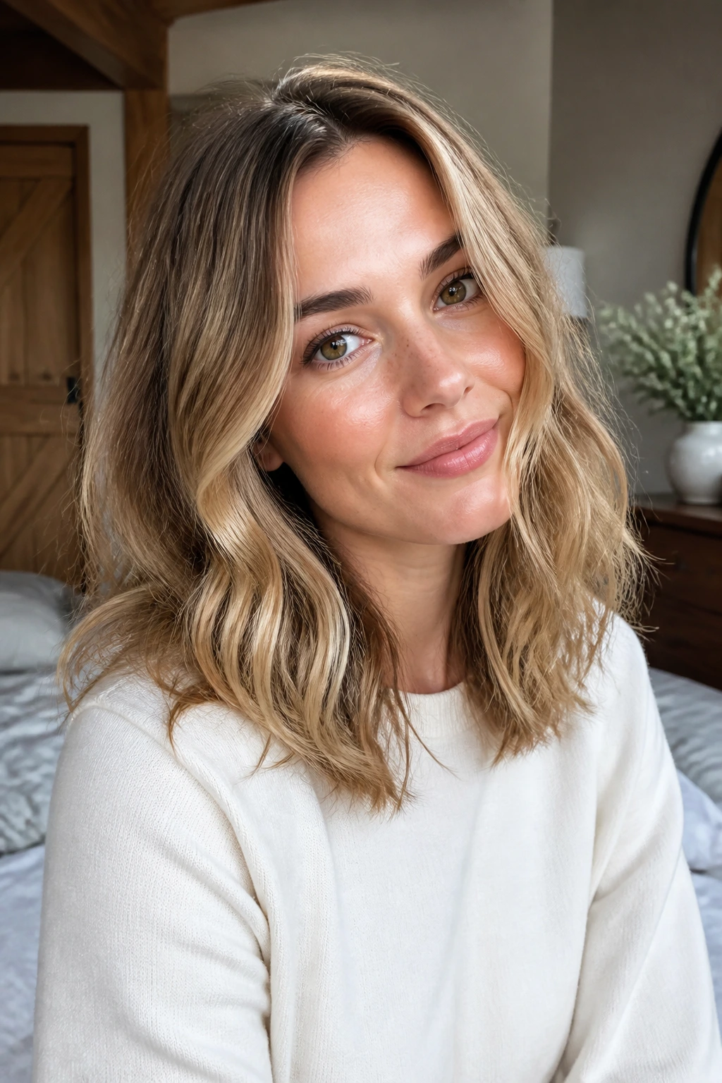 Portrait of a real woman with brushed-out waves and airy texture.