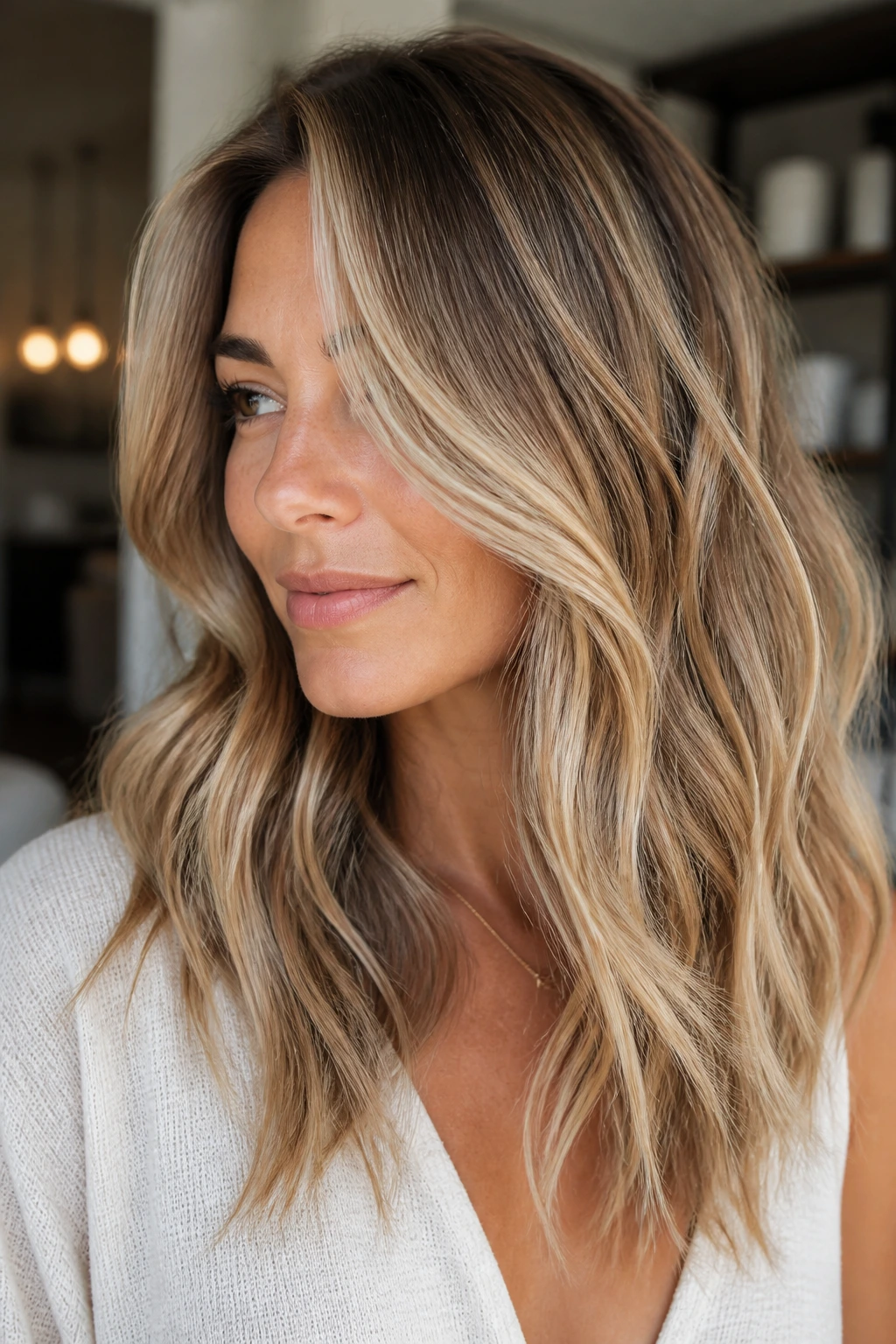 Close-up of a real woman with brushed-through foilyage for summer brightness