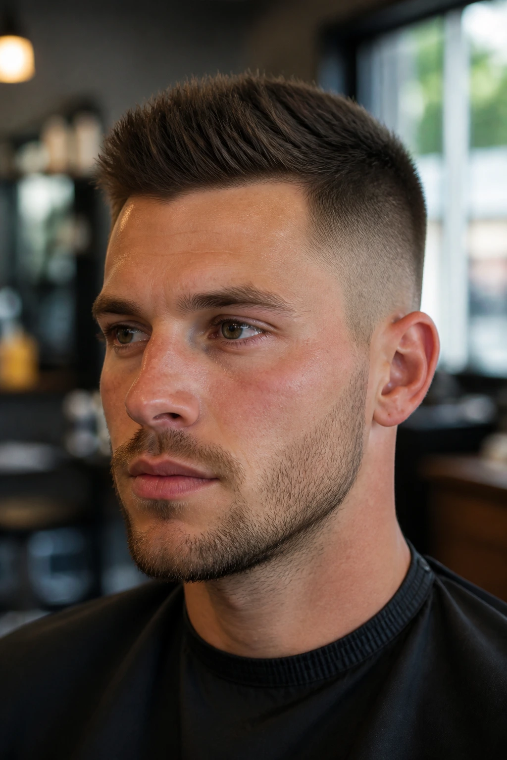 Close-up of a man with a brushed-up crew cut in a modern salon