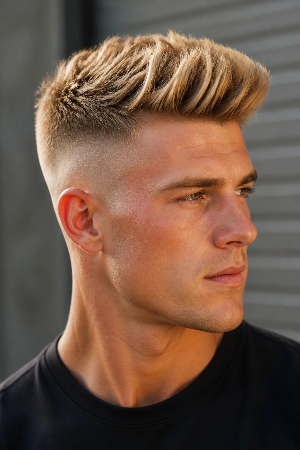 Man with brushed-up blonde high fade.