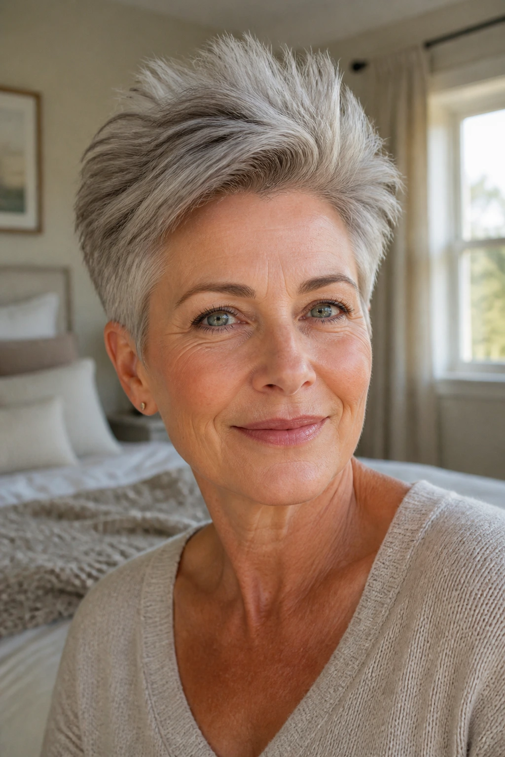 Portrait of a real woman with a brushed-up volume pixie showing crown lift