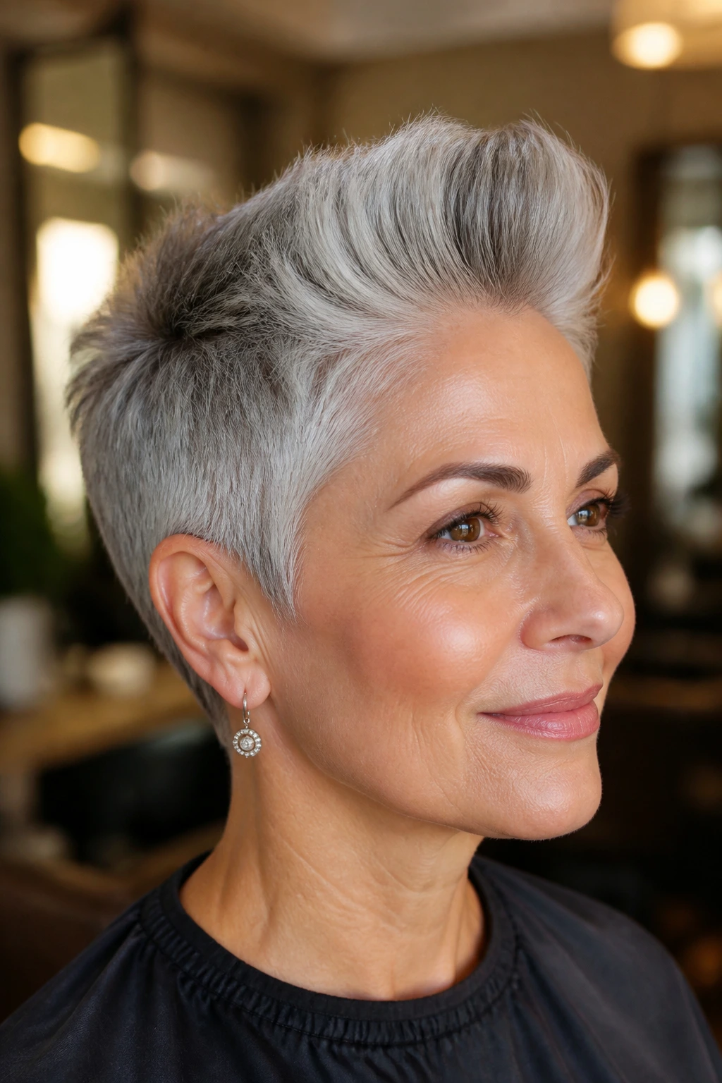 Close-up portrait of a real woman with a brushed-up pixie and lifted front