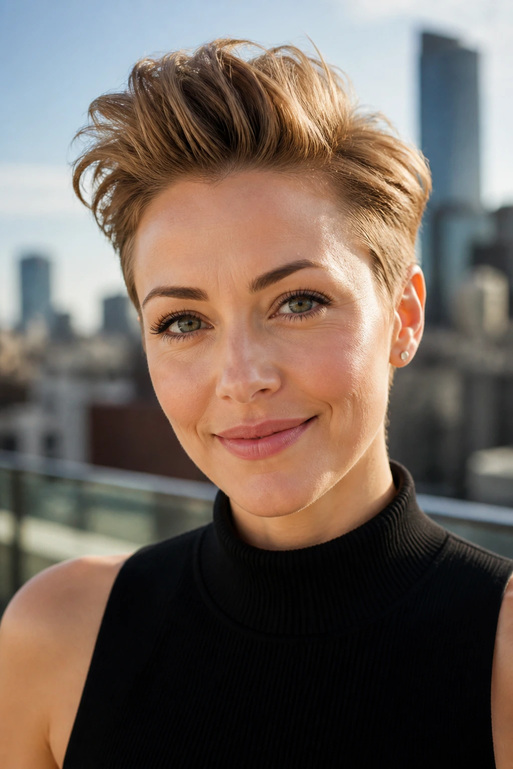 Medium close-up of a real woman with a brushed-up quiff pixie