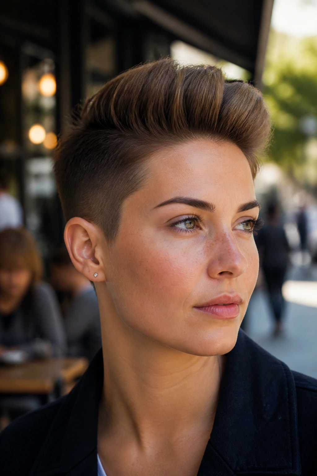 Close-up portrait of a real woman with brushed-up top and tapered sides in a sunlit street setting