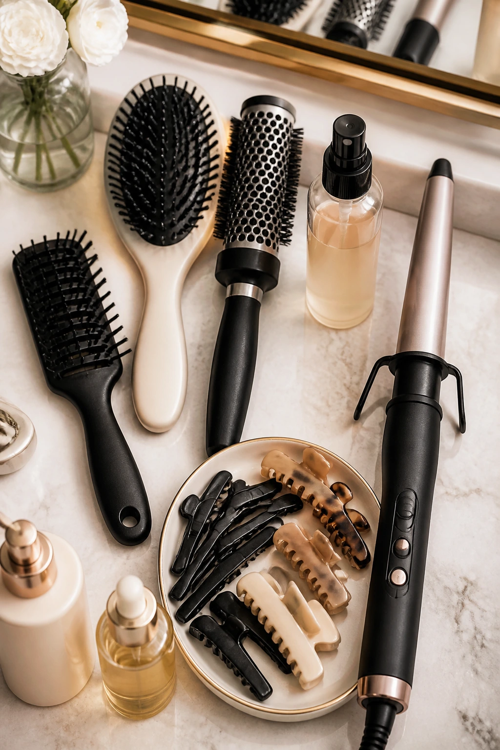 Close-up of brushes, clips, and hair products on a vanity