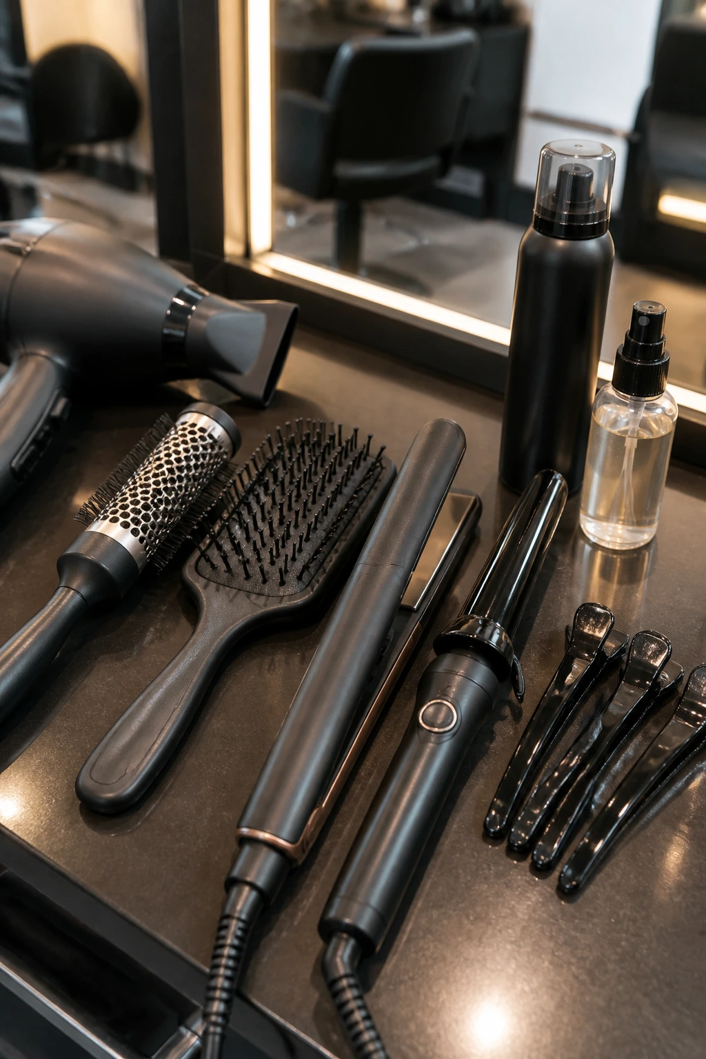 Close-up arrangement of styling brushes, dryers, and clips on a salon counter.