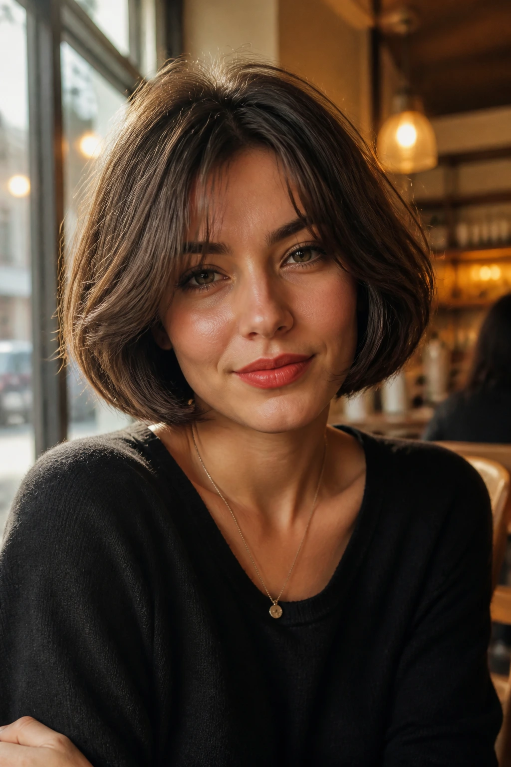 Close-up portrait of a woman with chin-length bubble bob