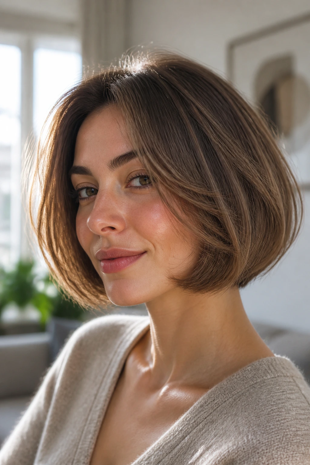 Close-up of a real woman with a bubble bob and airy ends