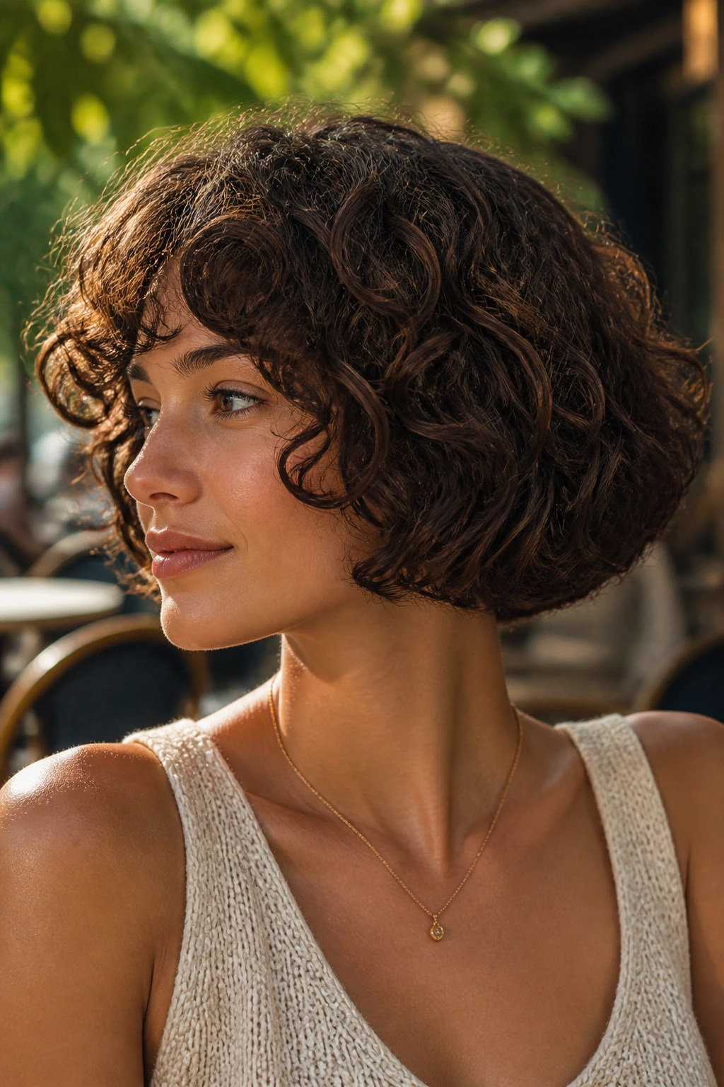 Close-up of a real woman with a rounded bubble bob on curly hair outdoors