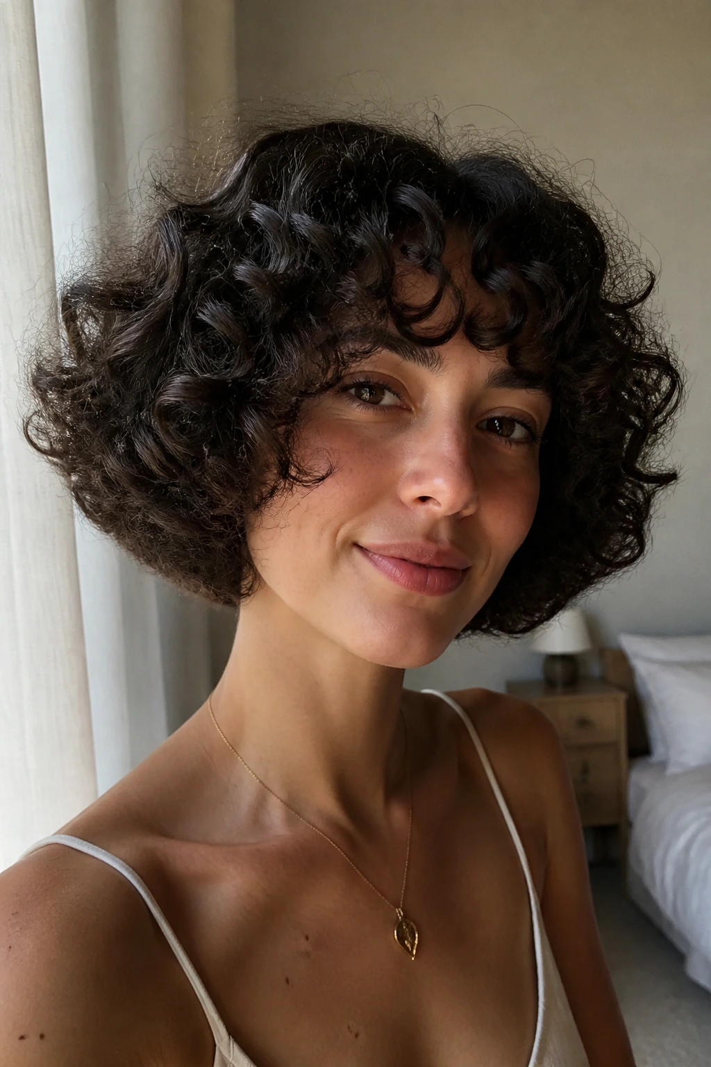 Close-up of woman with Bubble Bob hairstyle in soft morning light