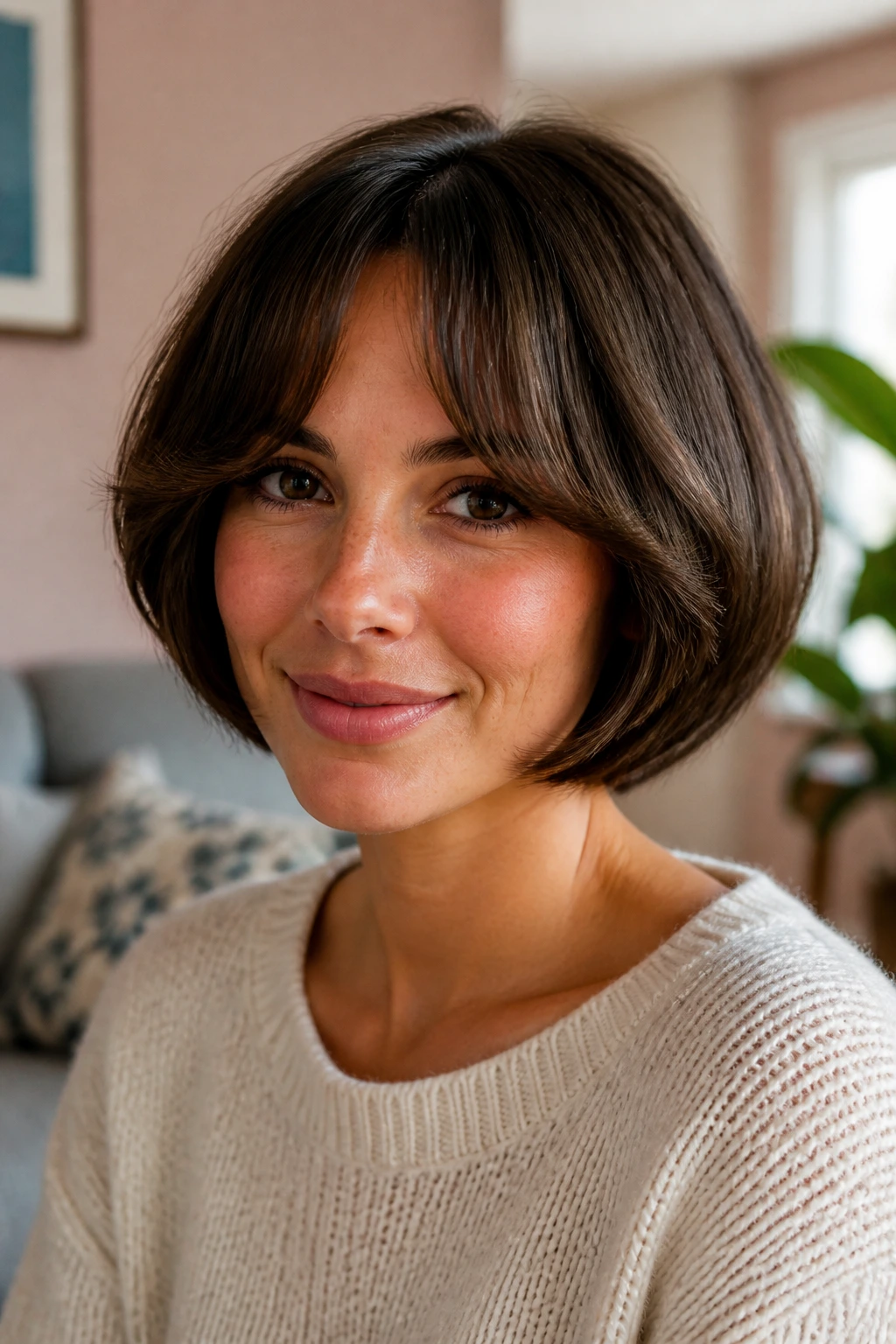 Close-up of a real person with bubble bob and rounded curtain bangs in a bright living room