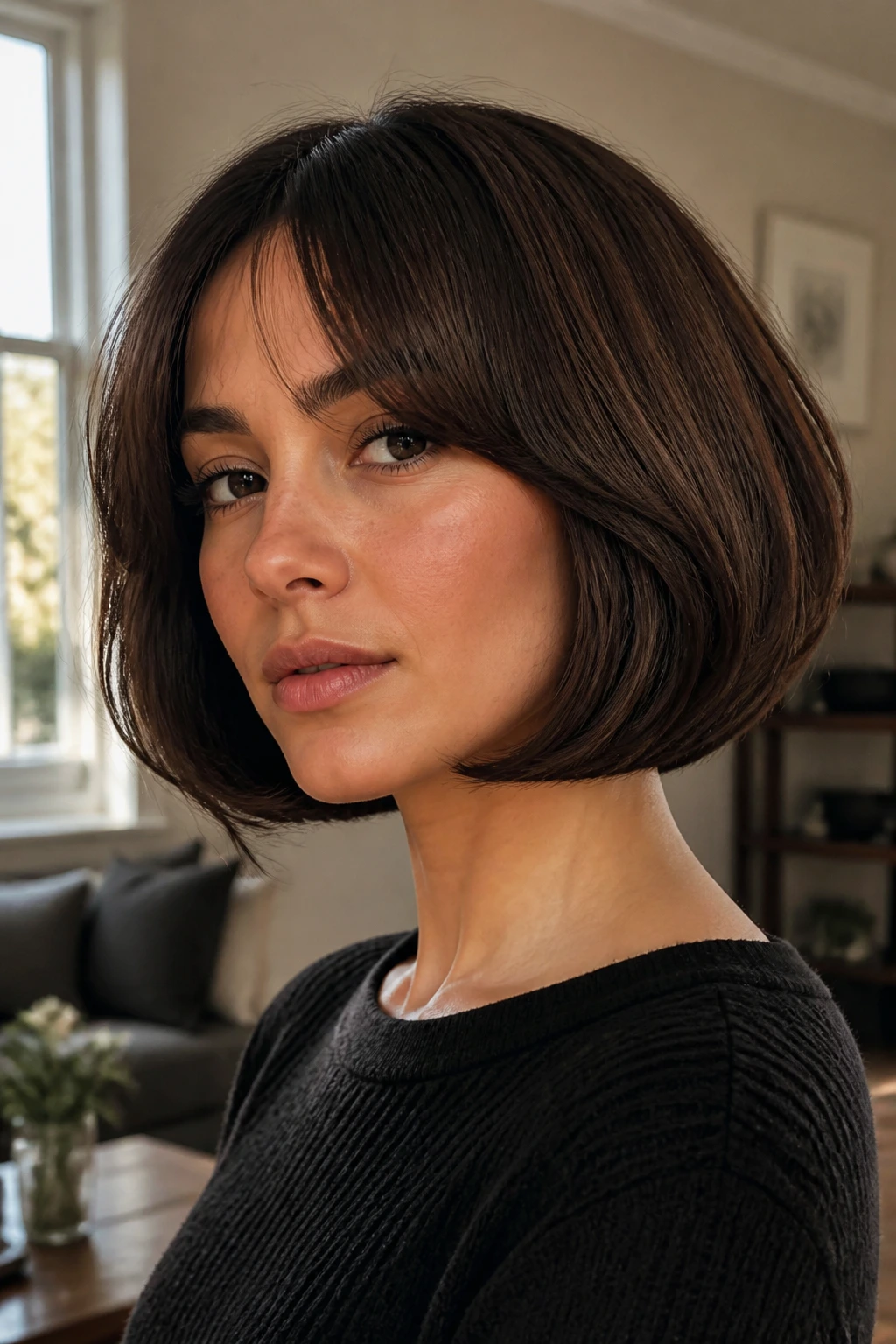 Portrait of a real woman with a bubble bob and rounded silhouette
