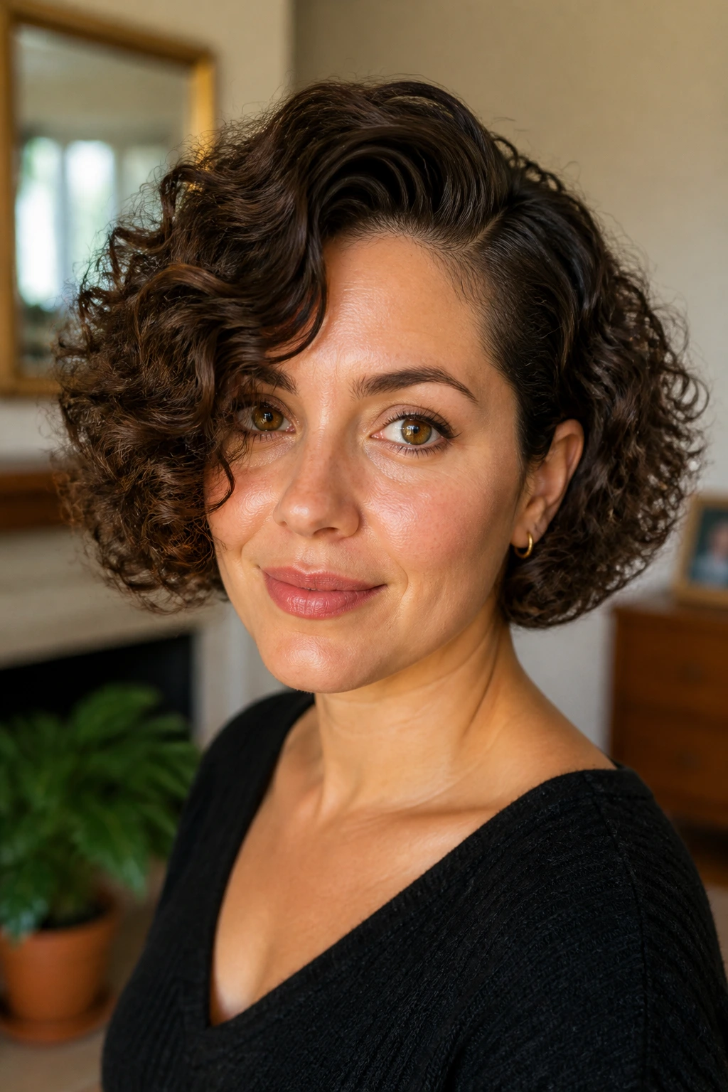 Real person with side-part bubble bob in warm home interior