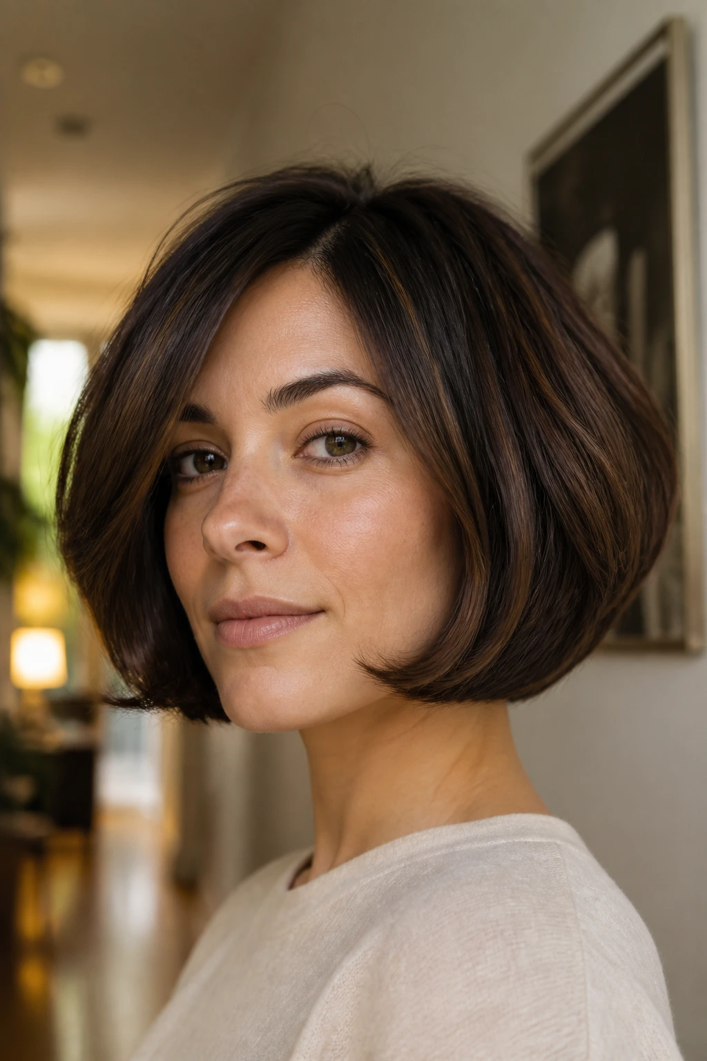 Close-up portrait of a real woman with a bubble bob.
