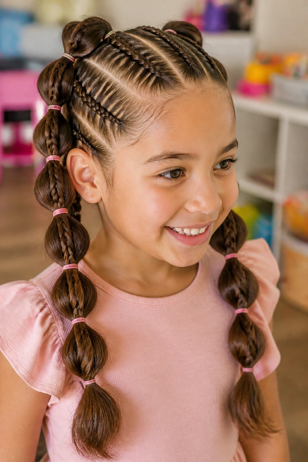 Close-up of bubble braid with accent plaits on a real child