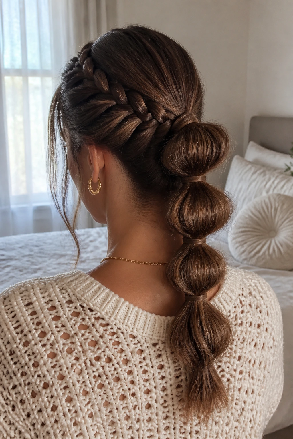 Back view of a person with a base braid and elastic bubble segments down the length.