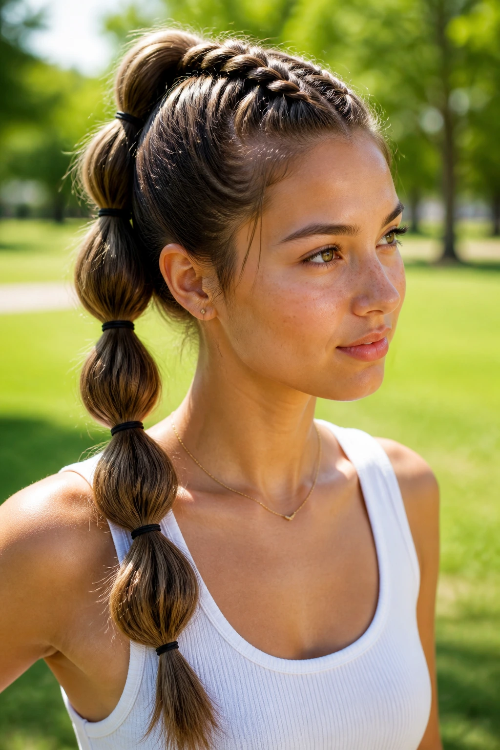 Real woman with bubble braid starting at crown and braided base in a sunny park