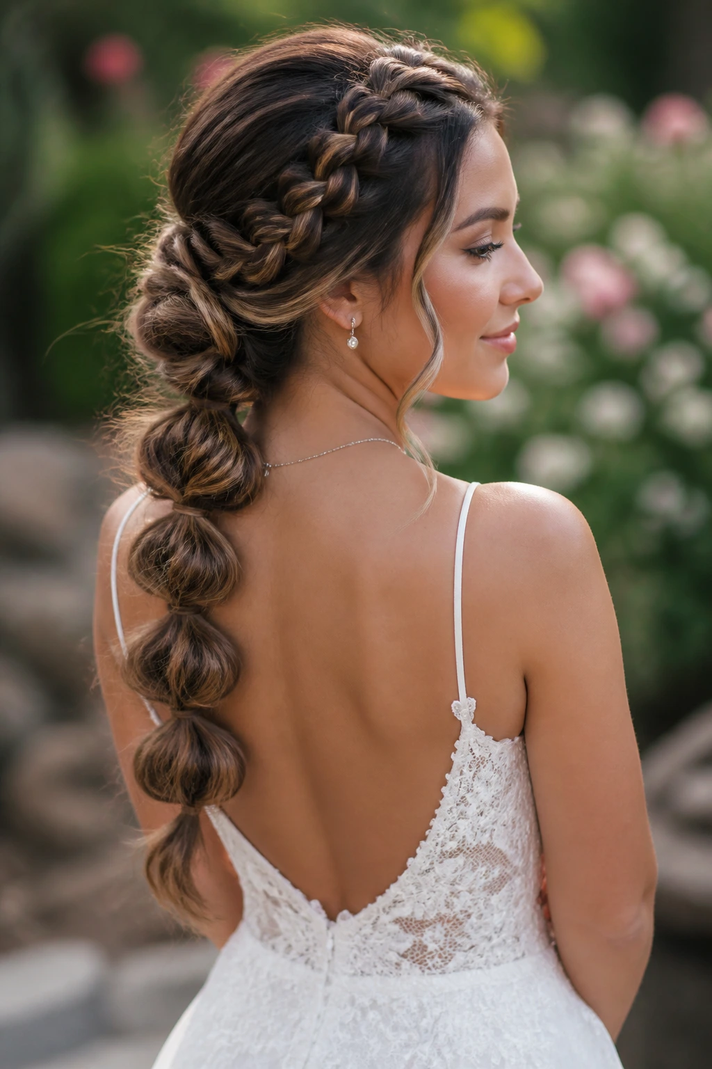 Close-up of a real bride with a braided base and bubble braid along the length