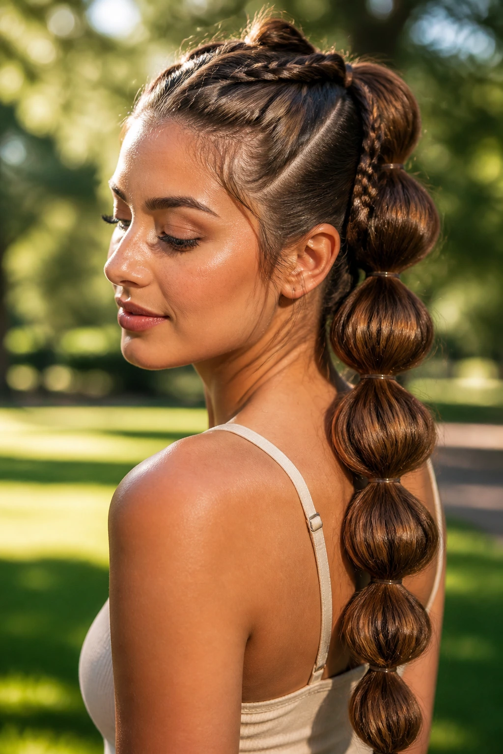 Close-up of a woman with a bubble braid and braided base outdoors