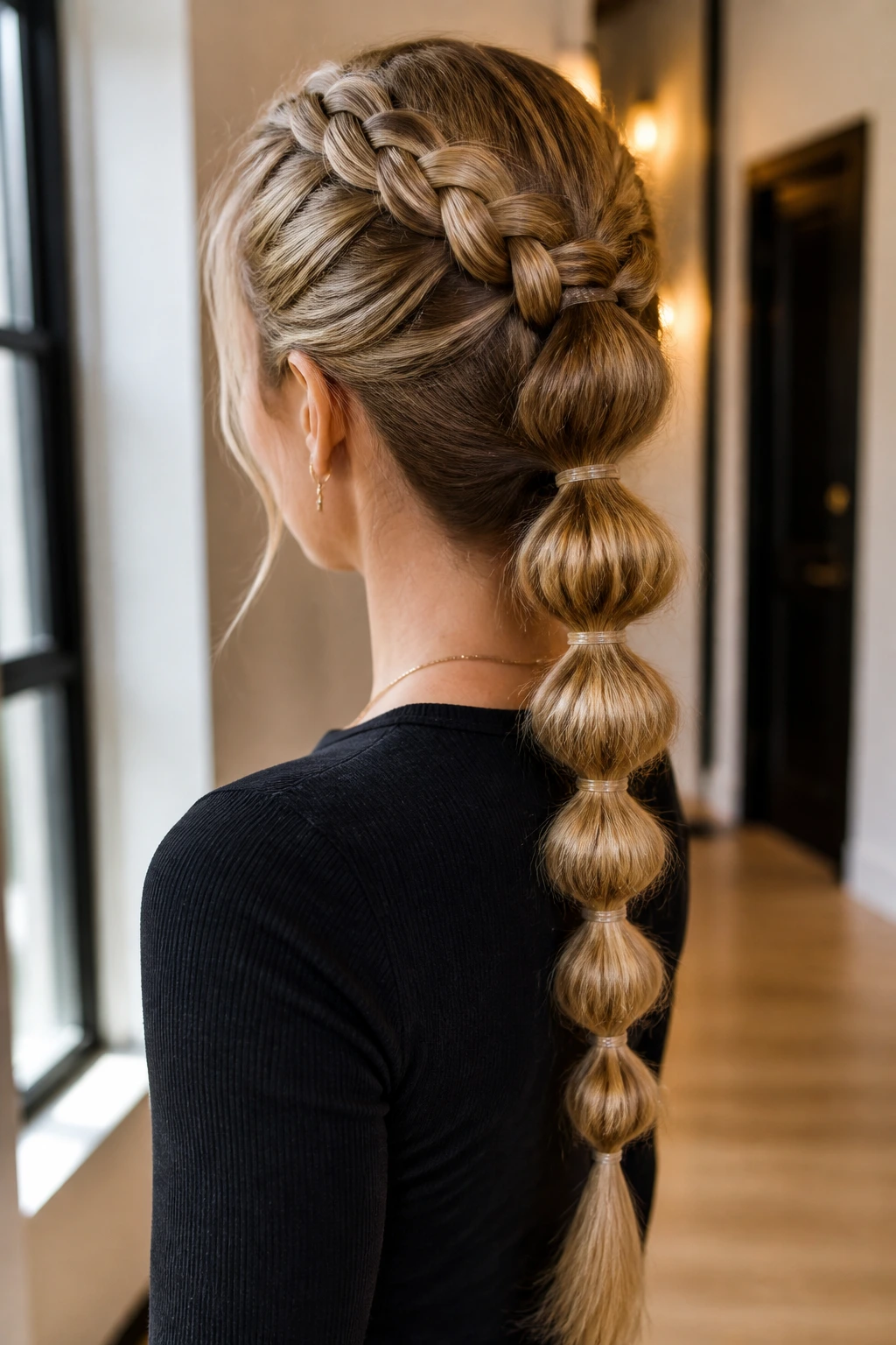 Close-up of a woman with a bubble braid starting from a braided base, evenly spaced bubbles