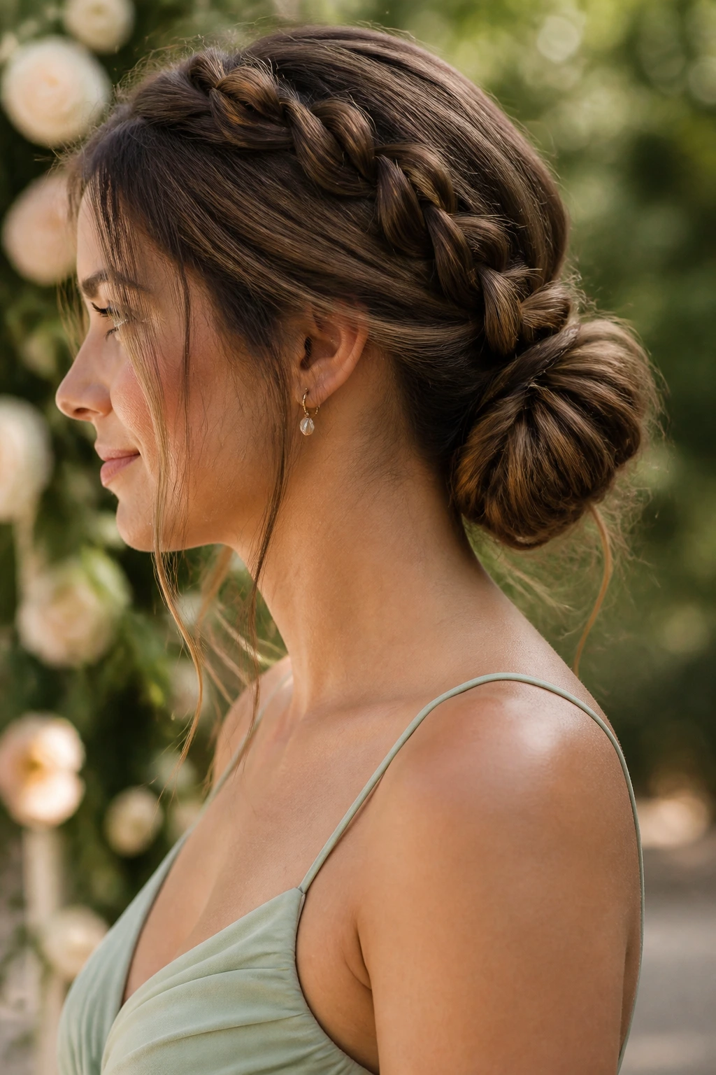 Close-up of a real woman with a bubble braid accent feeding into a low bun in a garden wedding setting